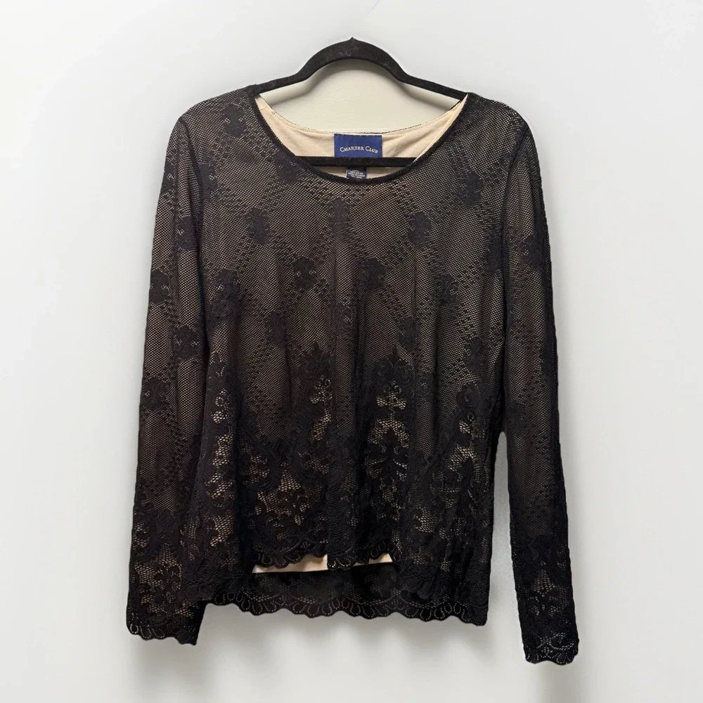 Charter Club Y2K Romantic Lace Sheer Scalloped Hem Dark Whimsigoth Sz Large Top - Picture 1 of 9